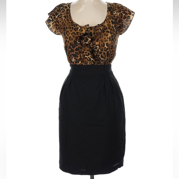 Express Black & Tan Leopard Print Ruffle Front Cocktail Party Dress Size 8 Med - Picture 1 of 9